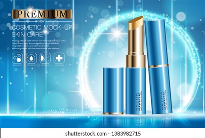 Hydrating facial lipstick for annual sale or festival sale. blue and gold lipstick mask bottle isolated on glitter particles background. Graceful cosmetic ads, illustration.