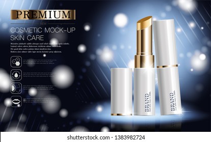 Hydrating facial lipstick for annual sale or festival sale. white and gold lipstick mask bottle isolated on glitter particles background. Graceful cosmetic ads, illustration.