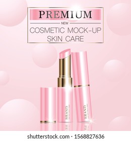Hydrating facial lipstick for annual sale or festival sale. pink and gold lipstick mask bottle isolated on glitter particles background. Graceful cosmetic ads, illustration.