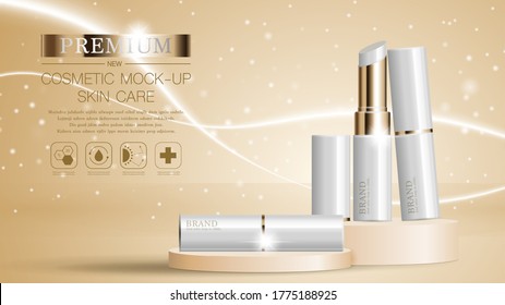 Hydrating facial lipstick for annual sale or festival sale. silver and gold lipstick mask bottle isolated on glitter particles background for product presentation. Graceful cosmetic ads, Vector.