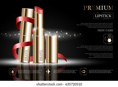 Hydrating facial lipstick for annual sale or festival sale. red and gold lipstick mask bottle isolated on glitter particles background. Banner graceful cosmetic ads, illustration.