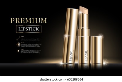 Hydrating facial lipstick for annual sale or festival sale. gold lipstick mask bottle isolated on glitter particles background. Banner graceful cosmetic ads, illustration.