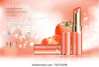 Hydrating facial lipstick for annual sale or festival sale. red and gold lipstick mask bottle isolated on glitter particles background. Graceful cosmetic ads, illustration.