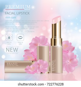 Hydrating facial lipstick for annual sale or festival sale. brown and gold lipstick mask bottle isolated on glitter particles background. Graceful cosmetic ads, illustration.