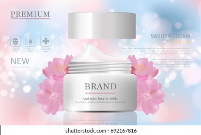 Hydrating facial sakura cream for annual sale or festival sale. pink and white sakura cream mask bottle isolated on glitter particles background. Graceful cosmetic ads, illustration.