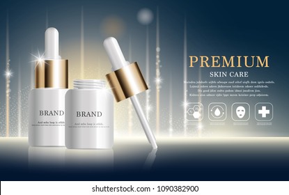 Hydrating facial serum for annual sale or festival sale. white and gold serum mask bottle isolated on glitter particles background. Graceful cosmetic ads, illustration.