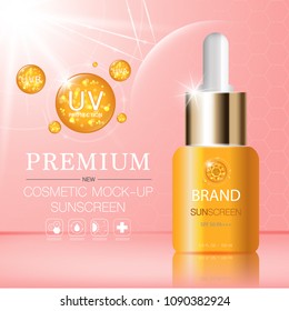 Hydrating facial serum for annual sale or festival sale. orange and gold serum mask bottle isolated on glitter particles background. Graceful cosmetic ads, illustration.