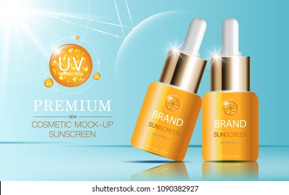 Hydrating facial serum for annual sale or festival sale. orange and gold serum mask bottle isolated on glitter particles background. Graceful cosmetic ads, illustration.