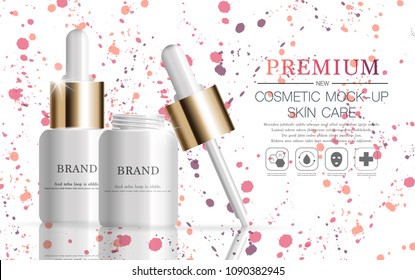 Hydrating facial serum for annual sale or festival sale. white and gold serum mask bottle isolated on glitter particles background. Graceful cosmetic ads, illustration.