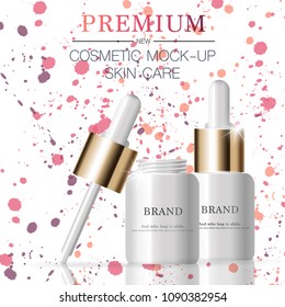 Hydrating facial serum for annual sale or festival sale. white and gold serum mask bottle isolated on glitter particles background. Graceful cosmetic ads, illustration.