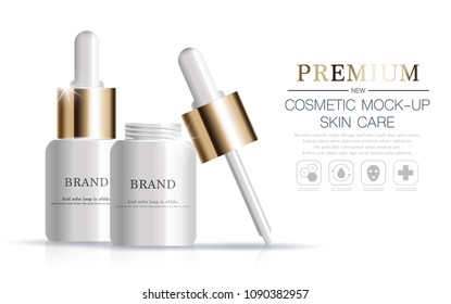 Hydrating facial serum for annual sale or festival sale. white and gold serum mask bottle isolated on glitter particles background. Graceful cosmetic ads, illustration.