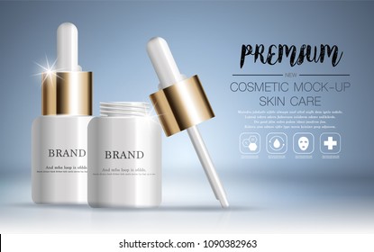 Hydrating facial serum for annual sale or festival sale. white and gold serum mask bottle isolated on glitter particles background. Graceful cosmetic ads, illustration.