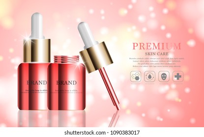 Hydrating facial serum for annual sale or festival sale. red and gold serum mask bottle isolated on glitter particles background. Graceful cosmetic ads, illustration.
