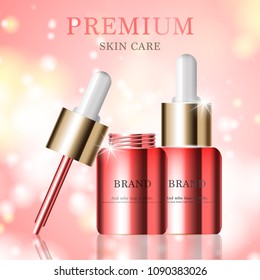Hydrating facial serum for annual sale or festival sale. red and gold serum mask bottle isolated on glitter particles background. Graceful cosmetic ads, illustration.