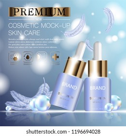 Hydrating facial serum for annual sale or festival sale. pearl and gold serum mask bottle isolated on glitter particles background. Graceful cosmetic ads, illustration.