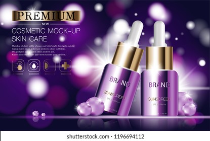 Hydrating facial serum for annual sale or festival sale. purple and gold serum mask bottle isolated on glitter particles background. Graceful cosmetic ads, illustration.