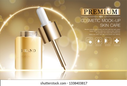 Hydrating facial serum for annual sale or festival sale. silver and gold serum mask bottle isolated on glitter particles background. Graceful cosmetic ads, illustration.