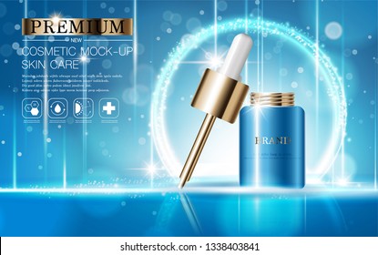 Hydrating facial serum for annual sale or festival sale. blue and gold serum mask bottle isolated on glitter particles background. Graceful cosmetic ads, illustration.