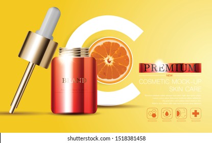 Hydrating facial serum for annual sale or festival sale. orange and gold serum mask bottle isolated on glitter particles background. Graceful cosmetic ads, illustration.