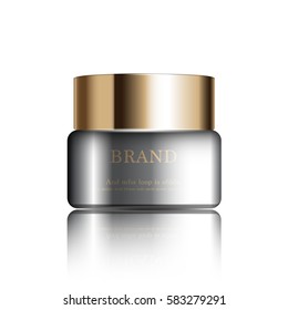 Hydrating facial serum for annual sale or festival sale. gold serum mask bottle isolated on glitter particles background. Graceful cosmetic ad, illustration.