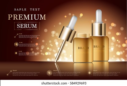 Hydrating facial serum for annual sale or festival sale. gold serum mask bottle isolated on glitter particles background. Graceful cosmetic ad, illustration.