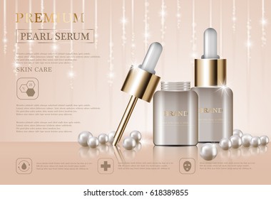 Hydrating facial serum for annual sale or festival sale. pearl and gold serum mask bottle isolated on glitter particles background. Graceful cosmetic ads, illustration.