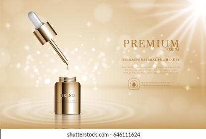 Hydrating facial serum for annual sale or festival sale. gold serum mask bottle isolated on glitter particles background. Graceful cosmetic ads, illustration.