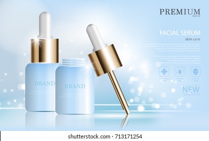 Hydrating facial serum for annual sale or festival sale. blue and gold serum mask bottle isolated on glitter particles background. Graceful cosmetic ads, illustration.