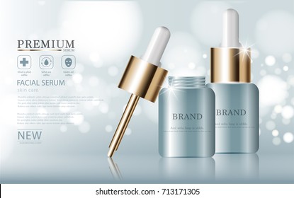 Hydrating facial serum for annual sale or festival sale. blue and gold serum mask bottle isolated on glitter particles background. Graceful cosmetic ads, illustration.