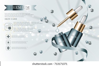 Hydrating facial serum for annual sale or festival sale. green and gold serum mask bottle isolated on glitter particles background. Graceful cosmetic ads, illustration.