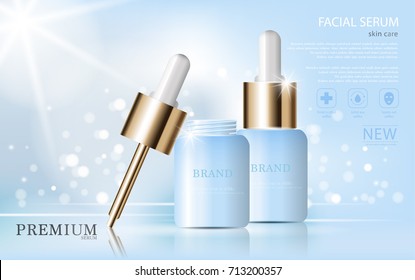 Hydrating facial serum for annual sale or festival sale. blue and gold serum mask bottle isolated on glitter particles background. Graceful cosmetic ads, illustration.