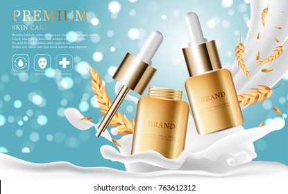 Hydrating facial serum for annual sale or festival sale. orange and gold serum mask bottle isolated on glitter particles background. Graceful cosmetic ads, illustration.