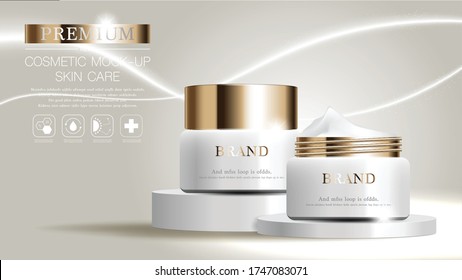 Hydrating facial skincare for annual sale or festival sale. white and gold cream mask bottle isolated on glitter particles background for product presentation. Graceful cosmetic ads, Vector.