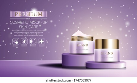 Hydrating facial skincare for annual sale or festival sale. purple and gold cream mask bottle isolated on glitter particles background for product presentation. Graceful cosmetic ads, Vector.