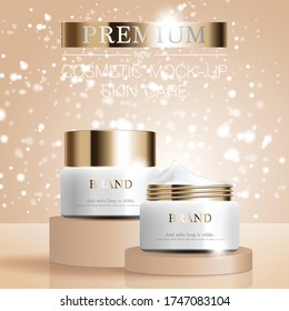 Hydrating facial skincare for annual sale or festival sale. white and gold cream mask bottle isolated on glitter particles background for product presentation. Graceful cosmetic ads, Vector.