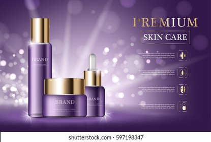 Hydrating facial skincare set for annual sale or festival sale. purple and gold skincare set mask bottle isolated on glitter particles background. Graceful cosmetic ads, illustration.