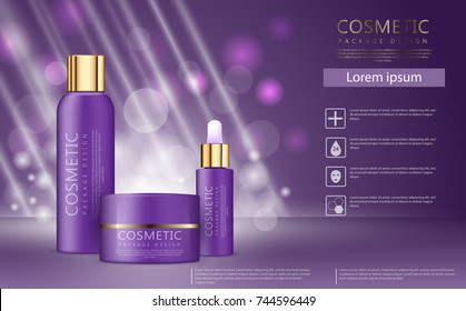 Hydrating facial skincare set for annual sale or festival sale. Purple and gold skincare set mask bottle isolated on glitter particles background. Moisturizing cosmetic product ad. realistic 3d vector