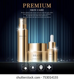 Hydrating facial skincare set for annual sale or festival sale. gold skincare set mask bottle isolated on glitter particles background. Graceful cosmetic ads, illustration.