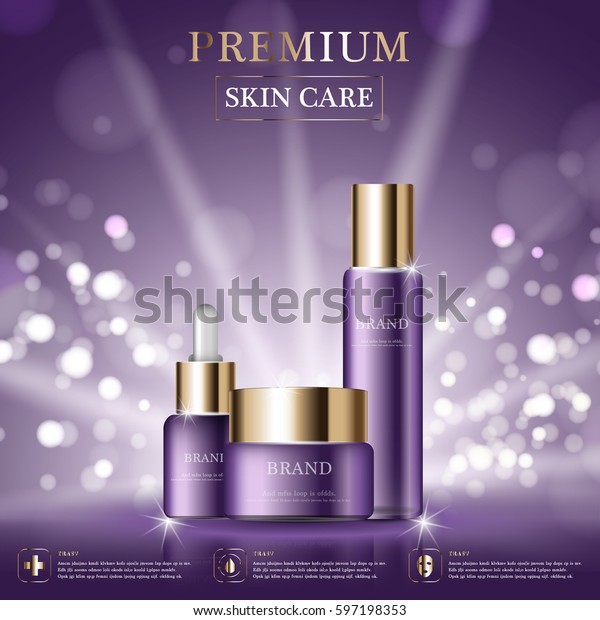 Hydrating facial skincare set for annual sale or festival sale. purple and gold skincare set mask bottle isolated on glitter particles background. Graceful cosmetic ads, illustration.