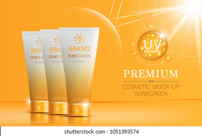 Hydrating facial sunscreen for annual sale or festival sale. orange and white cream mask bottle isolated on glitter particles background. Graceful cosmetic ads, illustration.