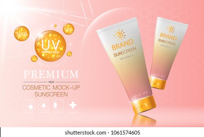 Hydrating facial sunscreen cream for annual sale or festival sale. pink and orange sunscreen cream mask bottle isolated on glitter particles background. Graceful cosmetic ads, illustration.