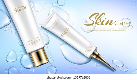 Hydrating skincare cosmetics products 3d realistic vector ad banner, promo poster. Face and eye cream squeeze, branded tube with long nozzle and golden cap, water drops illustration on blue background