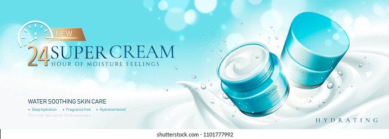 Hydrating Super Cream With Creamy Texture On Glitter Light Blue Background In 3d Illustration