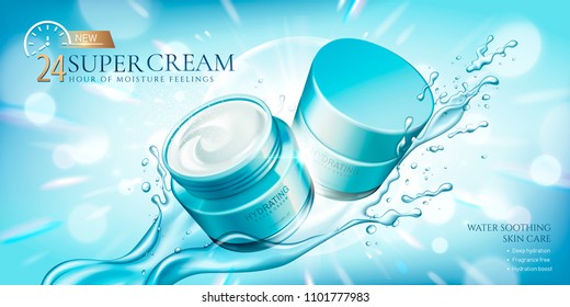 Hydrating super cream with splashing liquid on glitter light blue background in 3d illustration