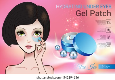 Hydrating Under Eye Gel Patches ads. Vector Illustration with Manga style girl and eye gel patches container.