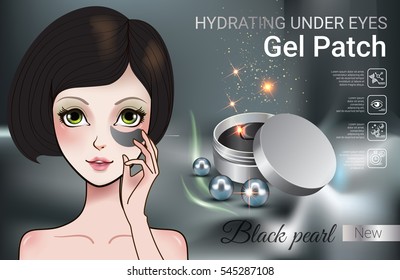 Hydrating Under Eye Gel Patches Ads. Vector Illustration With Manga Style Girl And Eye Gel Patches Container.