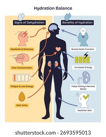 El equilibrio de hidratación visualiza cómo el agua afecta los sistemas del cuerpo, la silueta humana resalta el cerebro y los riñones, contrastando los signos de deshidratación y los beneficios de hidratación. Diagrama de estilo Doodle