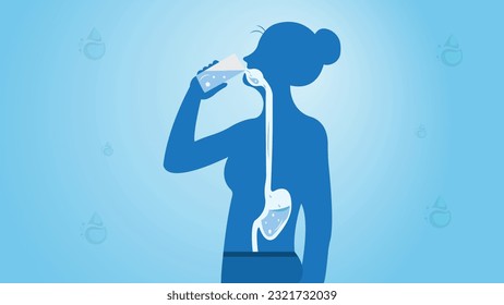 Hydration of Body Represented by Woman Drinking Water Using Glass Illustration 