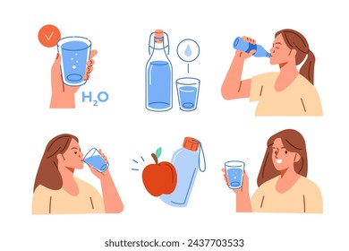 Conjunto de conceptos de hidratación. Colección de mujer sosteniendo botella y vaso en la mano y bebiendo agua pura. Ilustración de vector 