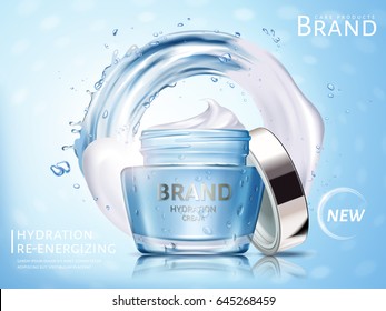 hydration cosmetic cream ad, with water flow and white cream elements, 3d illustration 